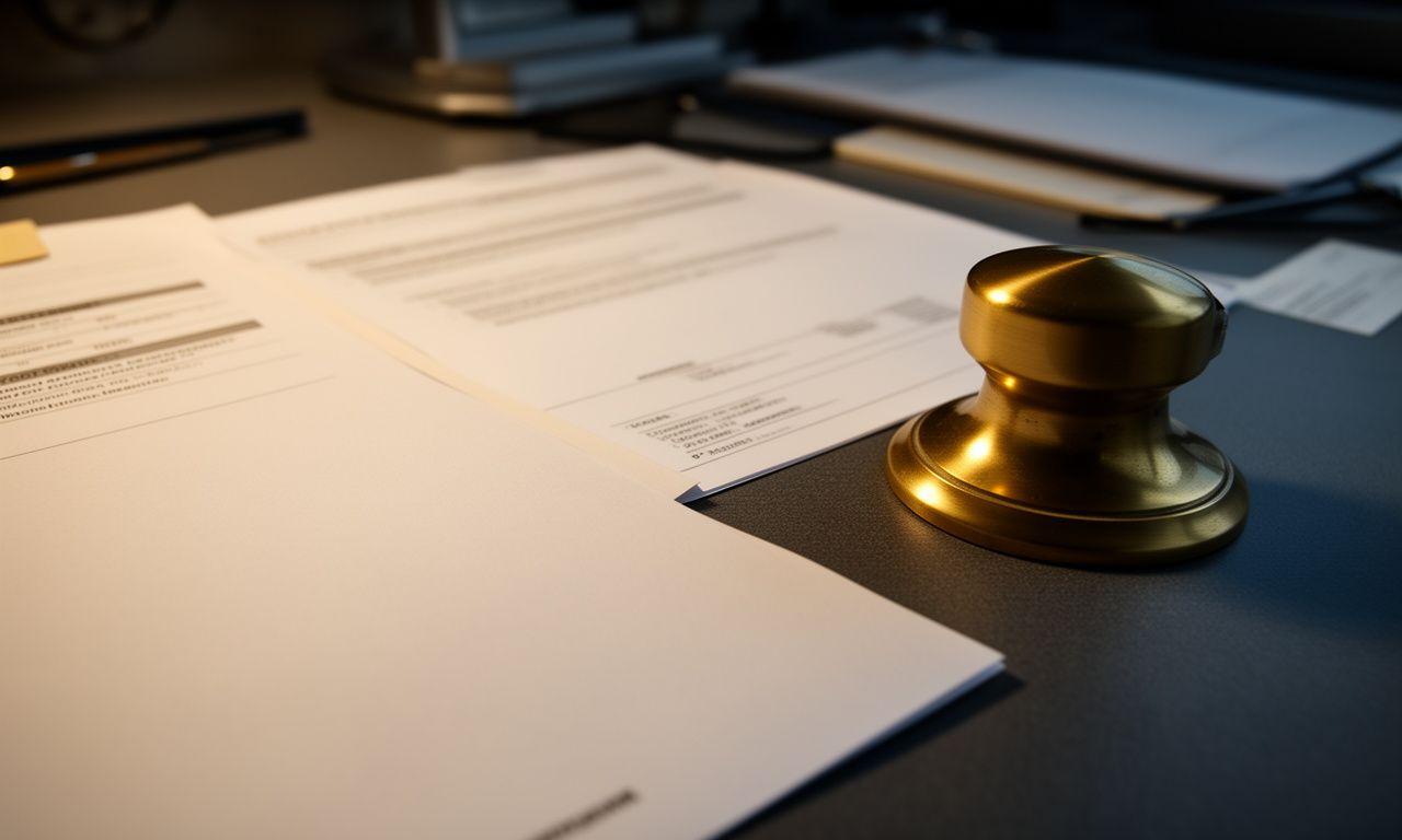 Close-up of annotated contract pages beside a brass paperweight and legal stationery on a desk