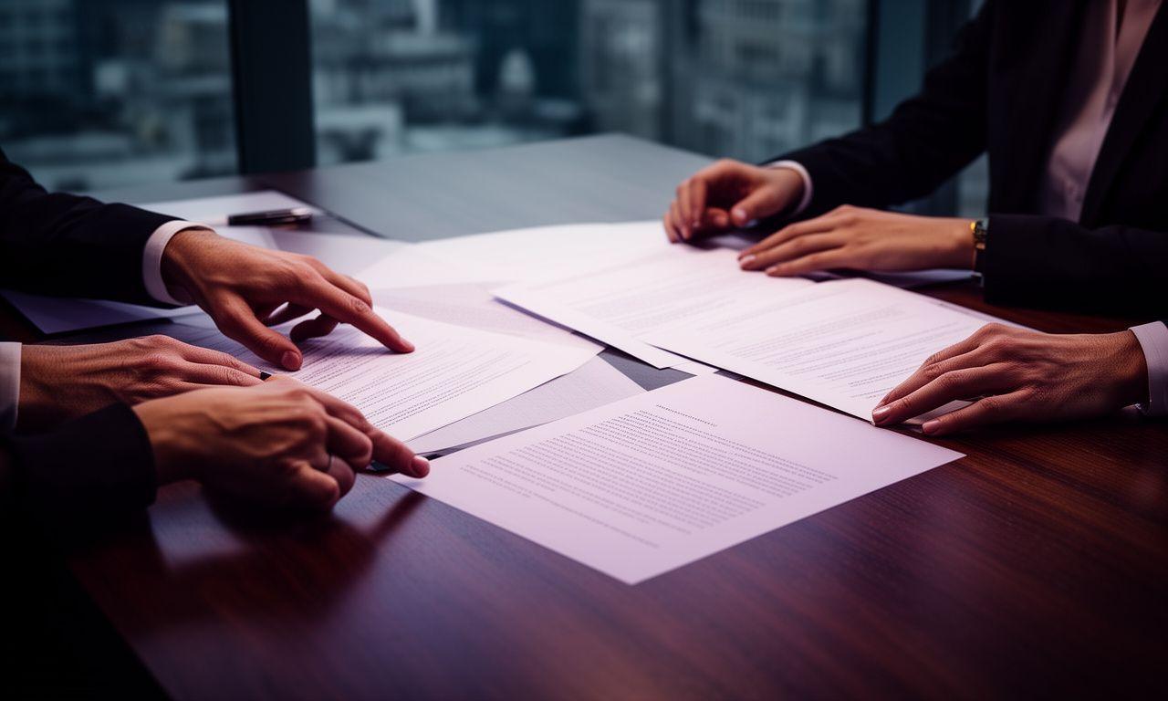 Legal team reviewing a contract spread across a dark timber table in a London office with highlighted clauses and notes