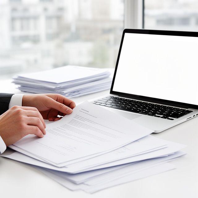 Legal adviser reviewing a marked-up contract beside a laptop in a bright London office