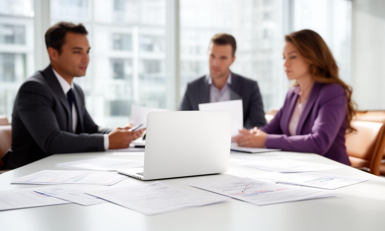 Business partners reviewing a contract in a bright London boardroom with a laptop and annotated pages