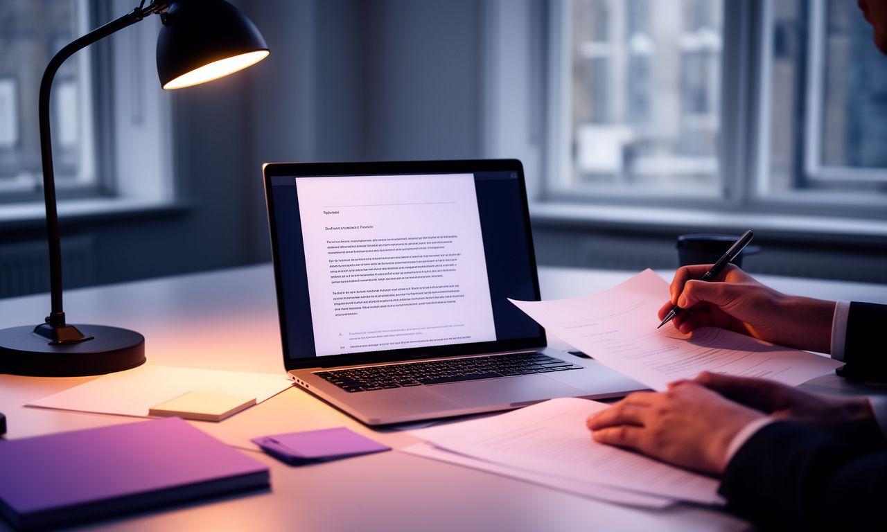 Contract review workspace with annotated pages, a laptop, and a desk lamp in a London office