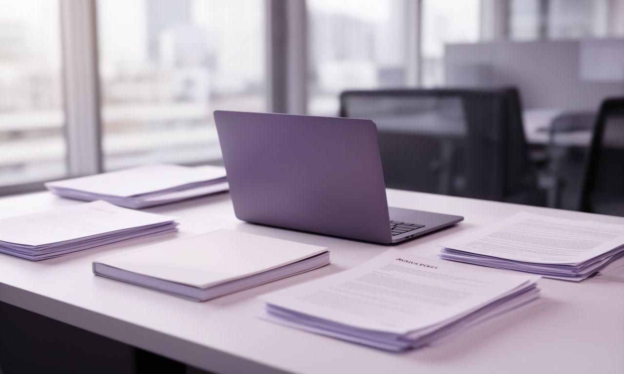 Legal documents arranged on a desk beside a laptop in a calm London office